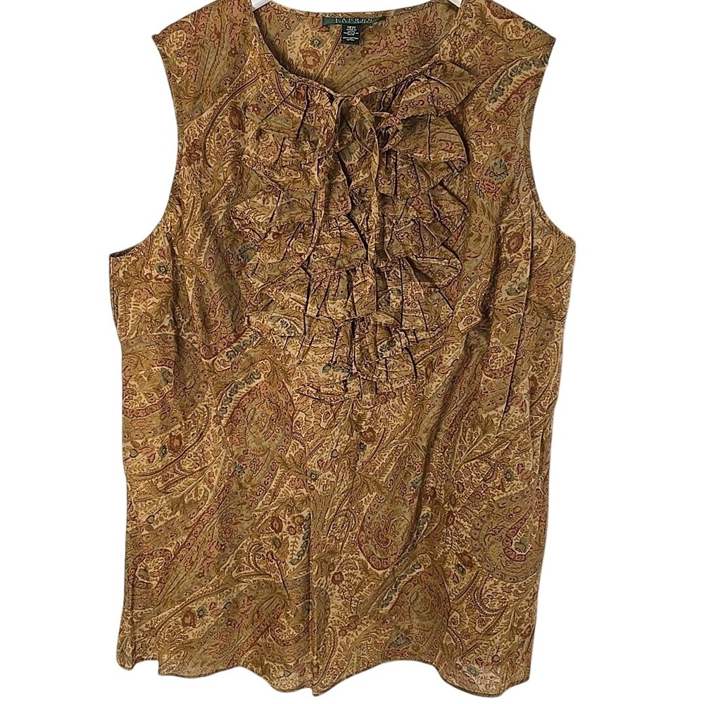 LRL Ralph Lauren Ruffled Paisley Blouse Top 16W Brown Equestrian Workwear